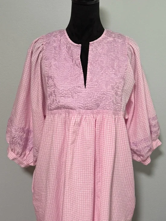 J. MARIE Puff Sleeve Gingham Embroidered Maxi Dress - Large - Picture 2 of 6